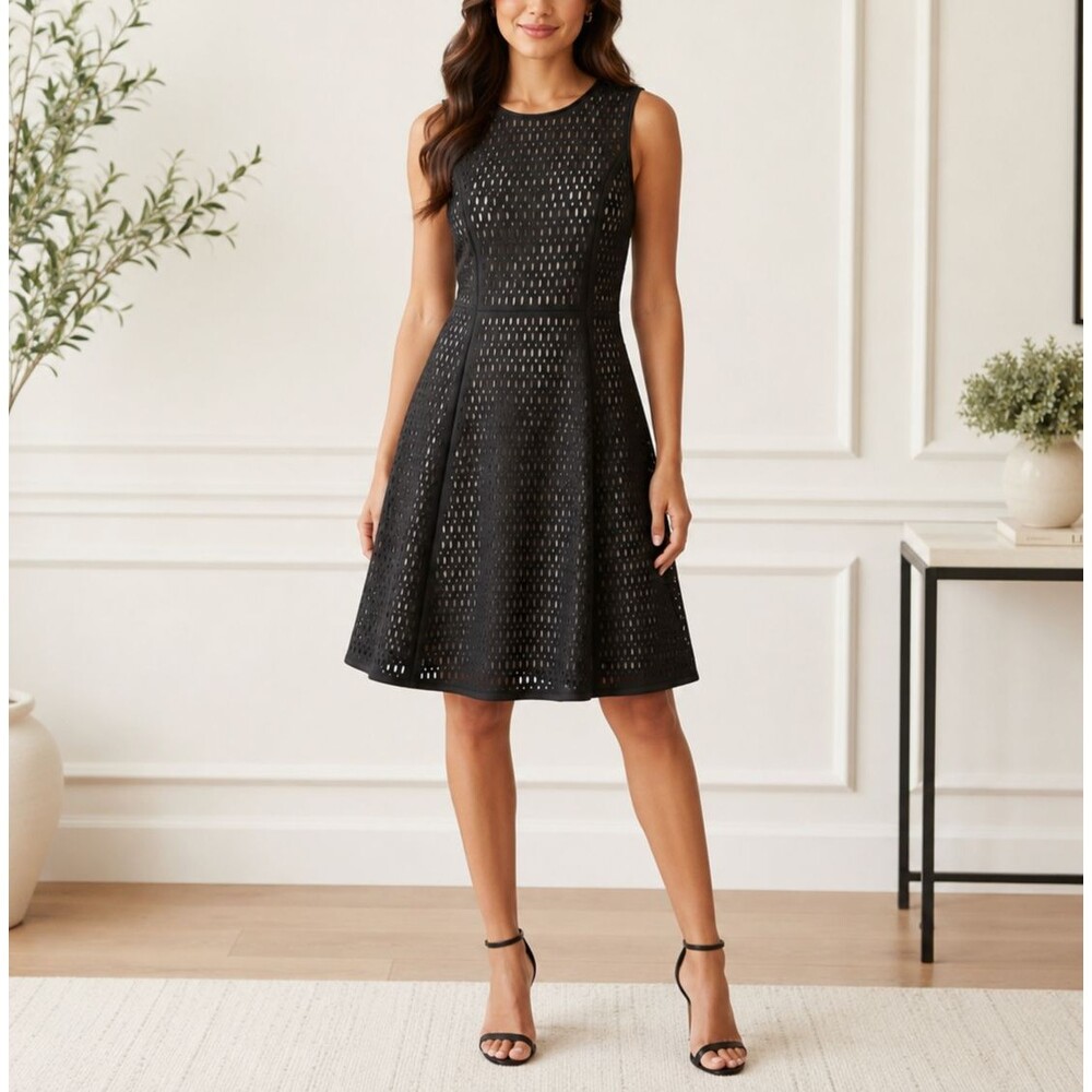 Karl Lagerfeld Paris Black Laser Cut Fit & Flare Dress Women's Size 4 NWT